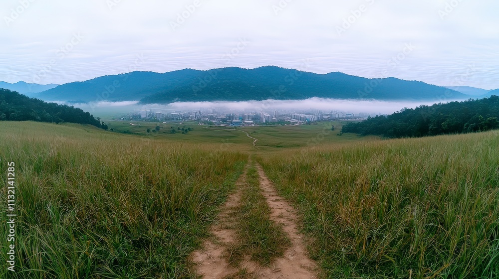 Fototapeta premium Serene Grassland Path to Misty Industrial Valley Panorama