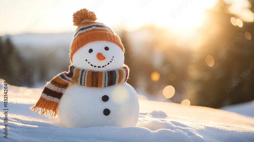 Obraz premium Smiling snowman with a playful wool hat and a cheerful expression in a snowy setting