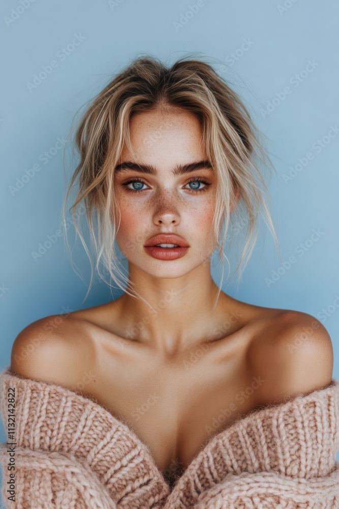 Young woman poses with natural beauty and soft features against a light blue background Young woman poses with natural beauty and soft features against a light blue background