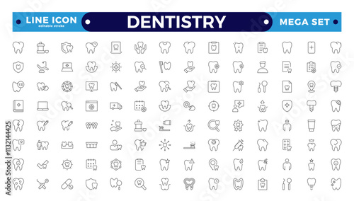 Dentistry icon collection. Related to tooth, dentist, toothpaste, toothbrush, teeth, implant and dentistry icons. Dental outline icon set. Medicine, pharmacy.  Editable stroke outline icon.
