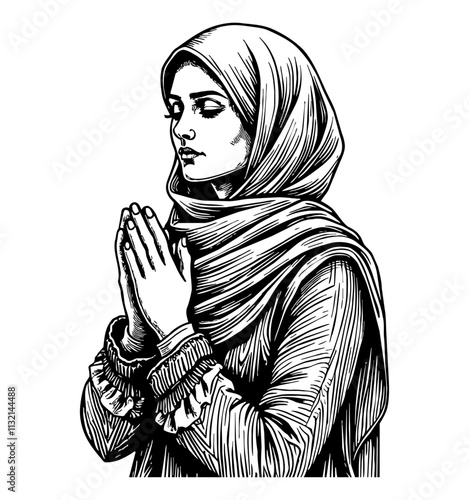 woman hijab muslim pray hand engraving black and white outline