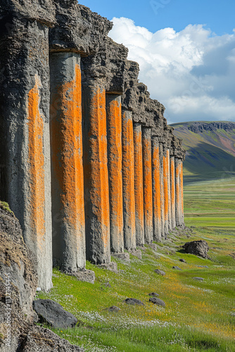 Natural pillars illuminated by orange lichen against a backdrop of green grass and blue skies photo