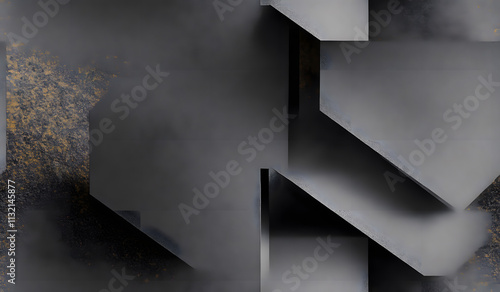 Black white dark silver gray abstract background. Geometric shape. 3d line angle rectangle. Gradient. Grunge rough grain grungy noise. Metal steel effect. Brushed matte shimmer. Ad design. Business.