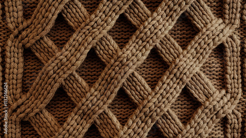 A close-up view of a knitted fabric with intricate cable knitting patterns, predominantly brown, exuding warmth and comfort. photo