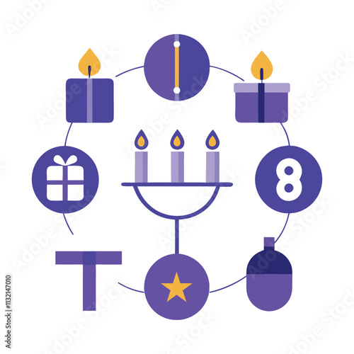 Design an infographic-style vector showing the eight nights of Hanukkah, with symbols for each night like candles, blessings, and gifts