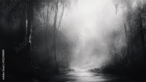 A Misty Forest Path with a Stream. Smooth looping time lapse video animation background