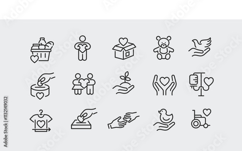 Charity icons. Set of 15 trendy minimal icons depicting various aspects of charity and giving, including Awareness Ribbon, Hands Holding Heart, and Family icon. Vector illustration