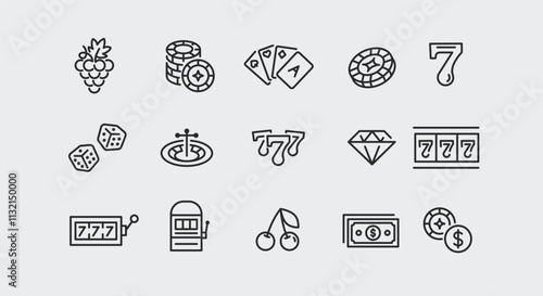 Casino icons. Set of 15 trendy minimal casino icons including Slot Machine, Dice, Cards, and Chips icon. Design elements for web page, mobile app, and gaming interface design. Vector illustration.