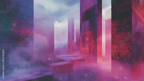 Abstract Architecture with Pink and Purple Lighting and Smoke. Smooth looping time lapse video animation background