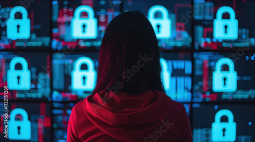 Person viewing multiple digital screens displaying cybersecurity locks and encrypted data in a dark environment