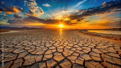 Panoramic Lakebed Photography: Dried Up Lake, Cracked Earth, Desert Landscape, Aerial View, Sunset Over Dry Lakebed
