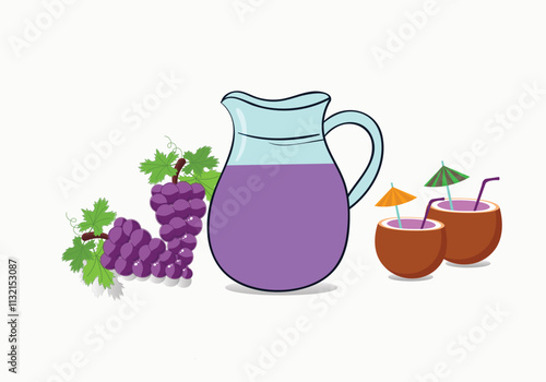 fruits juice set grape jug coconut vector illustration