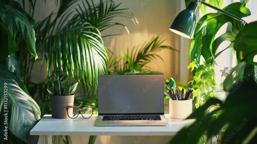 Fototapeta premium Minimalist Home Office with Laptop, Glasses, and Lamp on White Desk Surrounded by Green Plants. Modern Workspace Inspiration