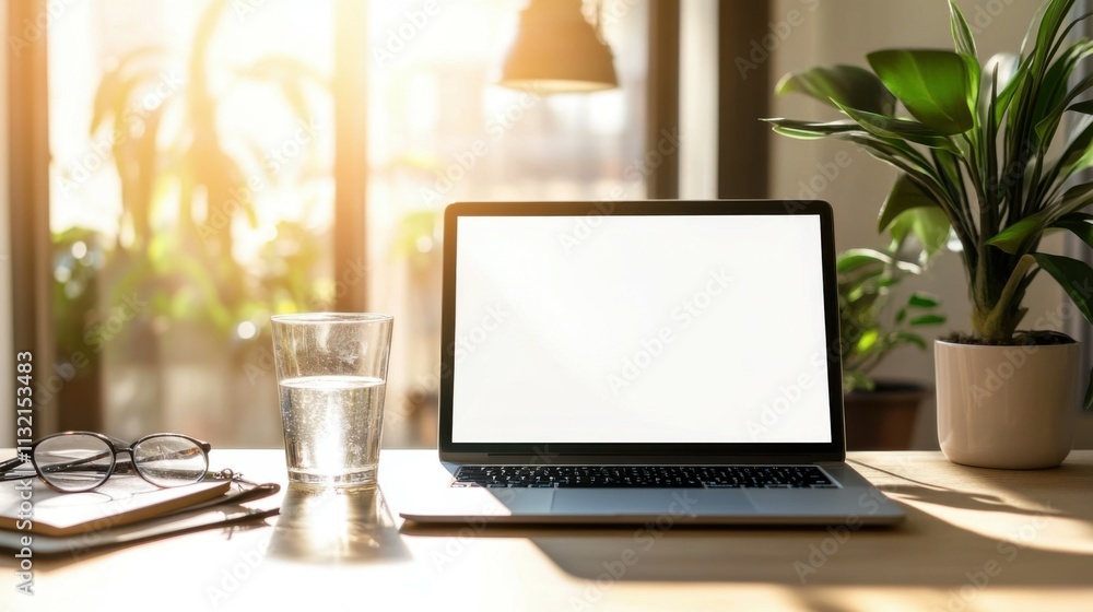 Fototapeta premium Office workspace table with laptop computer, glass of pure water, glasses, decorations. Soft sunlight glare and shadows. Aesthetic home office workspace. Blank white screen mock up with copy space