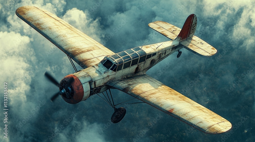 Naklejka premium Vintage Airplane Flying Above the Clouds