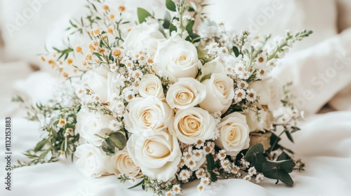 Stunning Close-Up of White Roses Bouquet and Wildflowers on White Background. Weddings, Celebrations, and Romantic Events Floral Background