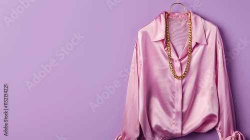 Fashionable silk blouse with gold necklace on coathanger isolated on purple background