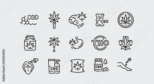 CBD icons. Set of 15 CBD trendy minimal icons. Example: Leaf, Pills, Flask, Bud, Dispensary icon. Design signs for web page, mobile app, packaging design. Vector illustration.