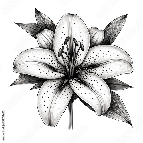 Monochrome illustration of a lily flower.