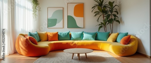 A stylish, curved sofa in bright yellow and orange hues is adorned with turquoise and green cushions, creating a lively atmosphere. The room features two abstract art pieces on the wall, enhancing the photo