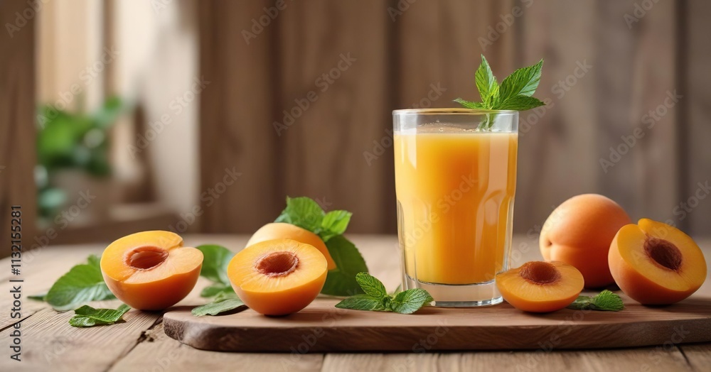 Fototapeta premium Freshly squeezed apricot juice in a clear glass with slices of apricot and mint leaves on a wooden table, summer, refreshing