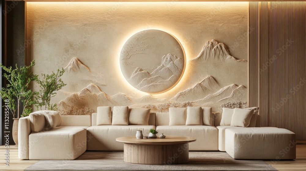 Fototapeta premium Serene living room with beige sectional sofa, wooden coffee table, and minimalist Asian-inspired wall art featuring mountains and a moon.