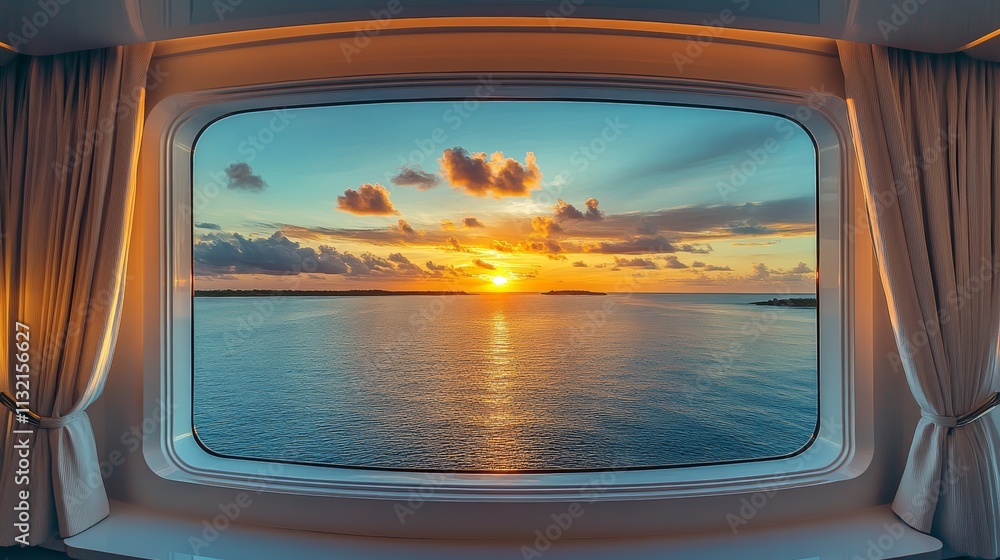 Naklejka premium Reflection over the window of a beautiful sunset over Harbour Island from a luxury mega Yacht in Bahamas