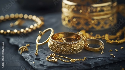 Gold jewellery with bracelet necklace and rings on slate plate