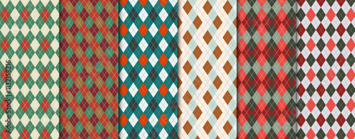 A set of six seamless argyle patterns in various color combinations. Christmas-inspired colors