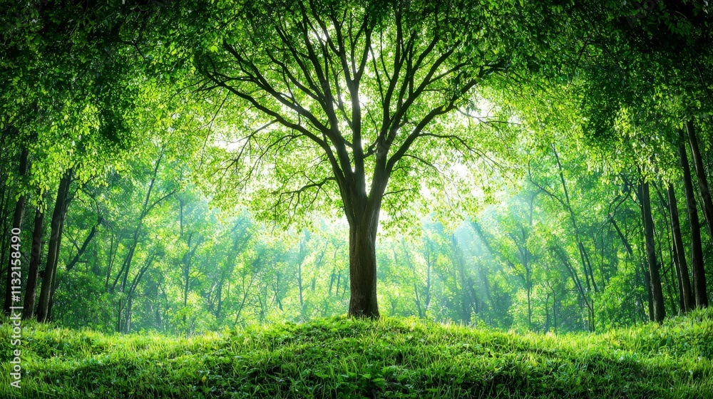 Fototapeta premium Majestic Tree in Lush Green Forest Sunlight Rays Nature Background