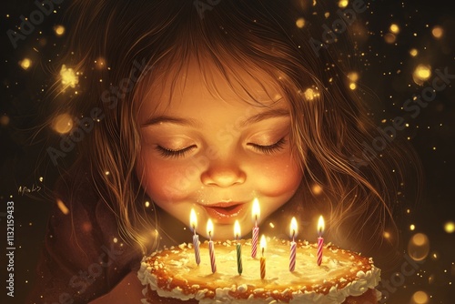 A joyful child celebrates her birthday with a cake full of colorful candles. The warm glow of the candles creates magic in the air. Bright moments captured lovingly. Generative AI photo