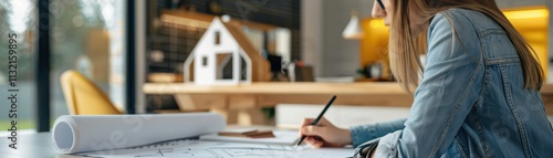 Wallpaper Mural A woman sketches architectural plans at a spacious table, with a model house in the background, highlighting creativity and design in a modern workspace. Torontodigital.ca