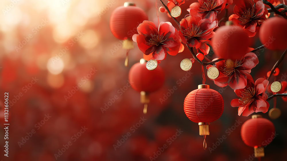 Obraz premium Happy Chinese New Year with festive red flowers, lanterns, and gold coin decorations