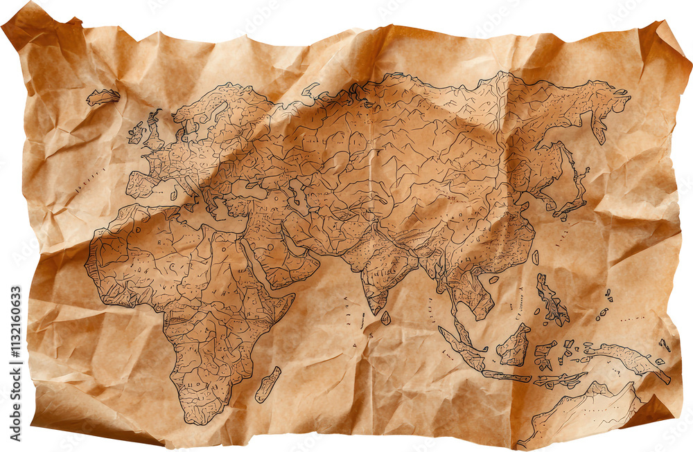 Fototapeta premium Vintage world map on crumpled parchment paper
