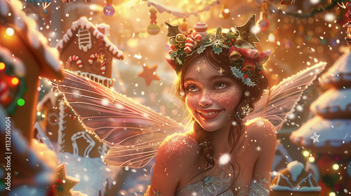 A delicate Christmas fairy surrounded by jingle bells and intricate gingerbread houses, illuminated by radiant Christmas lights.