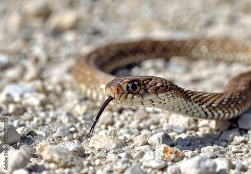 Estern Brown Snake on Gravel – Close-Up with Tongue Flicking photo