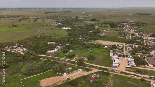 Flying Backwards Over Main Road, Border Between Uruguay and Brazil, Beautiful Cityscape photo