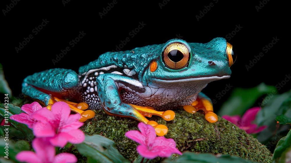 Obraz premium Vibrant Green Frog on Moss Tropical Rainforest Closeup