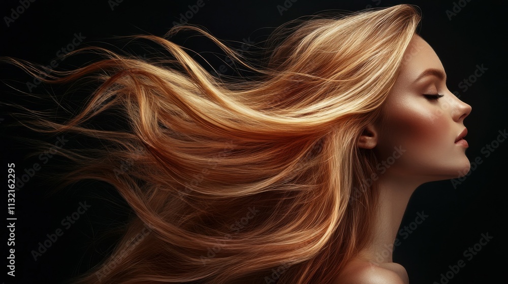 Naklejka premium Hair care, grooming and portrait of woman in studio with salon, healthy and shiny treatment for beauty. Confident, wellness and person with long, wavy and volume hairstyle routine by black background