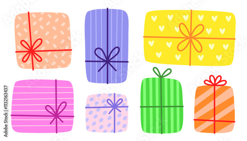 Vector set of different colorful Christmas gift boxes isolated on white background. Modern mid century clip art of present boxes in red, green, pink and gold colors.