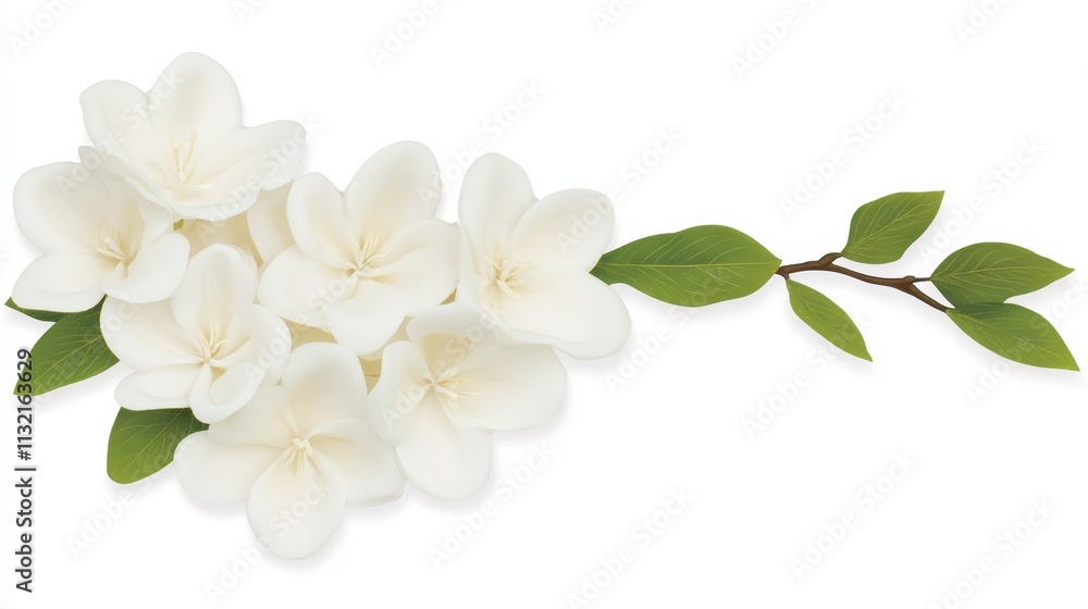 Obraz premium Elegant White Flowers Green Leaves Branch Floral Design Nature