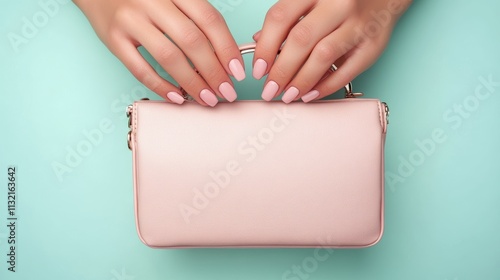 Woman with beautiful manicure holding cosmetic bag on color background closeup photo