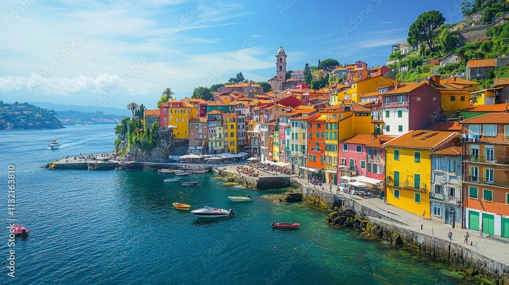 Obraz premium Nestled along the shoreline, the coastal city showcases a dazzling array of colorful buildings tightly hugging the cliffs