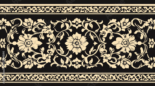 A crest or coat of arms filigree scroll heraldic or heraldry border band floral pattern design. Like that from a medieval baroque royal crest, in a woodcut etching style photo