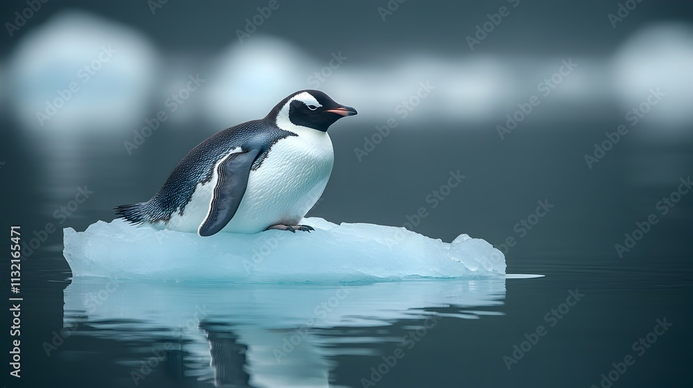 Fototapeta premium Lone Penguin Perched on Melting Iceberg in Arctic Landscape