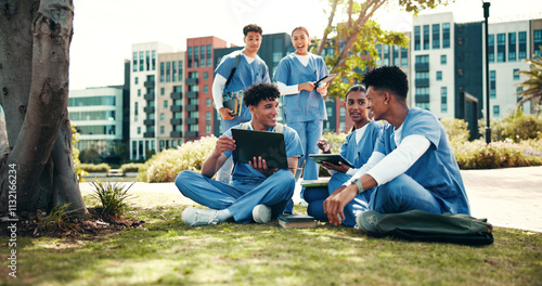 Medical student, studying and online with people in outdoor for college, healthcare and research. Scholarship, internship and doctors with students on hospital campus for assignment and education