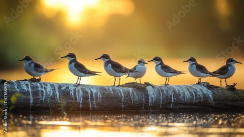 Water birds lining on a river log in the twilight light forming a strong constrast - copy space photo