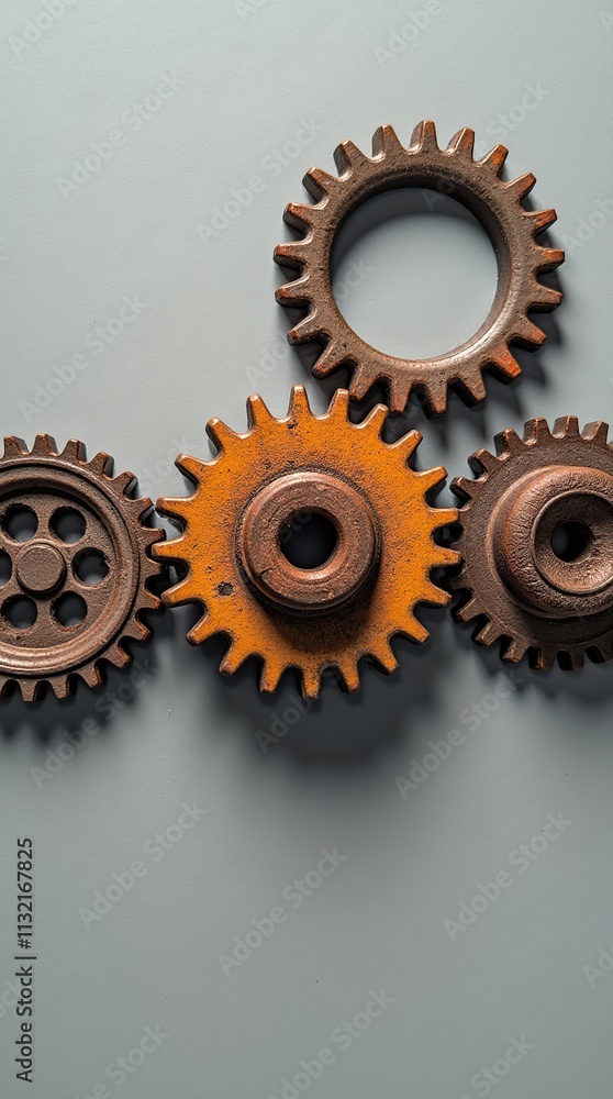 Close-Up of Rusty Metallic Gears on a Minimal Light Gray Background Close-Up of Rusty Metallic Gears on a Minimal Light Gray Background