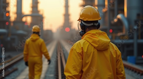 Industrial Workers in Yellow Safety Gear in a Gas Processing Plant