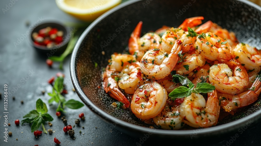 Delicious Sauteed Shrimps and Prawns with Garlic and Herbs on a Black Background, Perfect for Seafood Restaurant Promotions Generative AI Delicious Sauteed Shrimps and Prawns with Garlic and Herbs on a Black Background, Perfect for Seafood Restaurant Promotions Generative AI